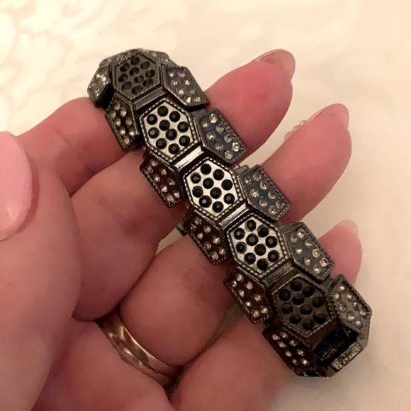Stretch Black Bangle Hematite & Clear crystal Pave Geometric Statement Bracelet - Picture 1 of 9
